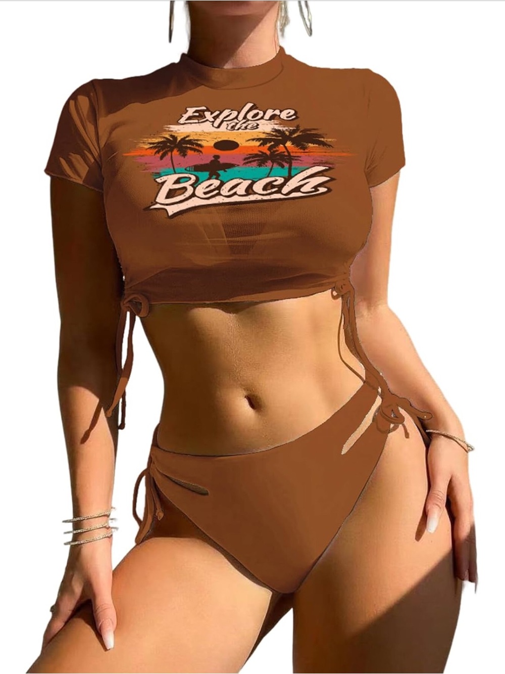 High-Waist Tie-Side Bikini Set with 'Explore the Beach' Crop Top - Brown